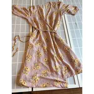 Madewell Dress Womens Sz XL Pink Floral Linen Blend Wrap Maxi Dandelion Spring